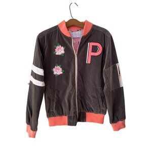 Piñata Full Zip Bomber Jacket Size Medium Multicolor Velour Flower Embroidered B